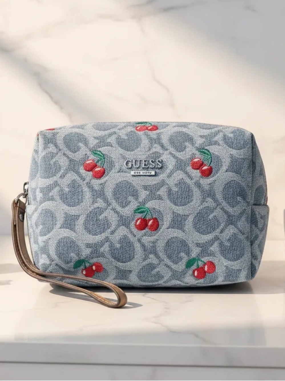 Guess Denim Blue Cherry Embroidered Jasmin Travel cosmetic bag